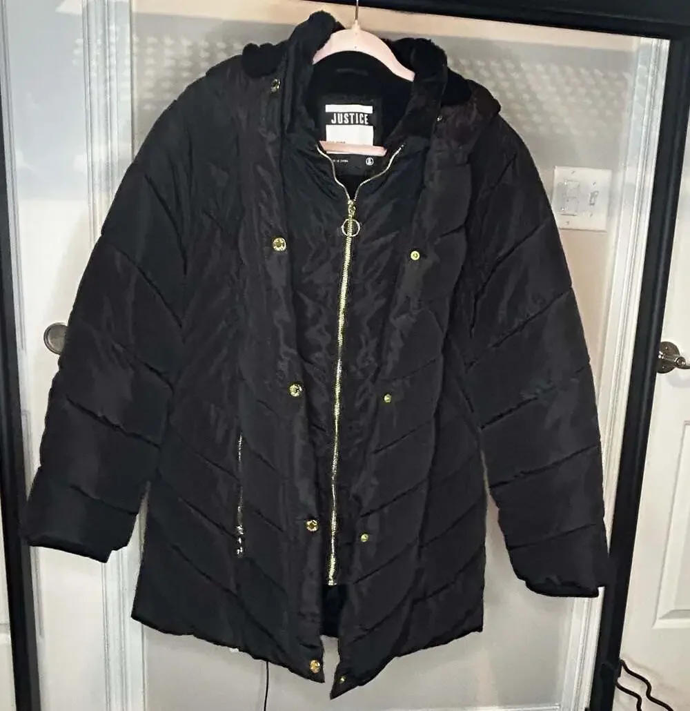 Justice Girls Black Puffer Jacket with Faux Fur Lining and Gold Hardware